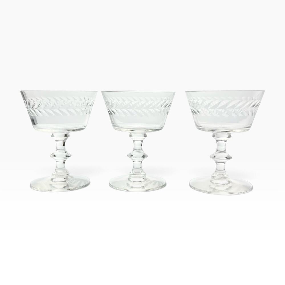 1940s Vintage Set of 3 Coupe Champagne Glasses 4 5/8” 6oz Laurel Leaf Etching